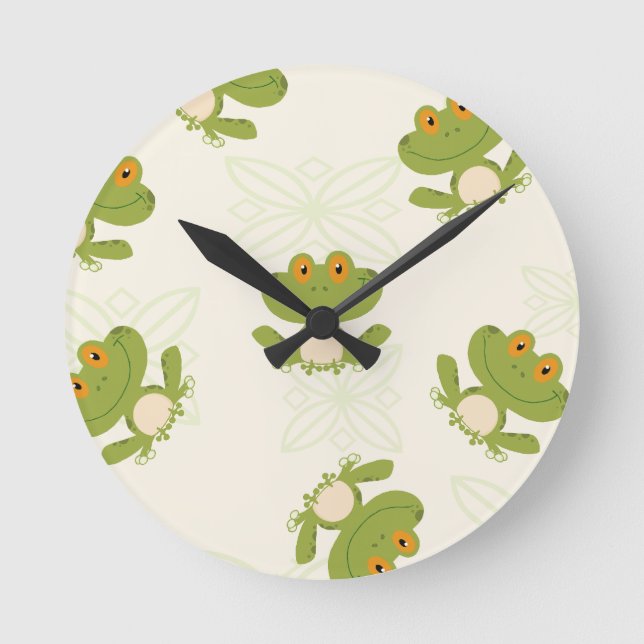 Cute Green Frog Pattern Round Clock (Front)