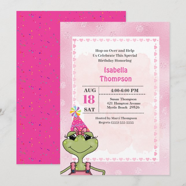 Cute Green Frog Pink Birthday Party Invitation (Front/Back)