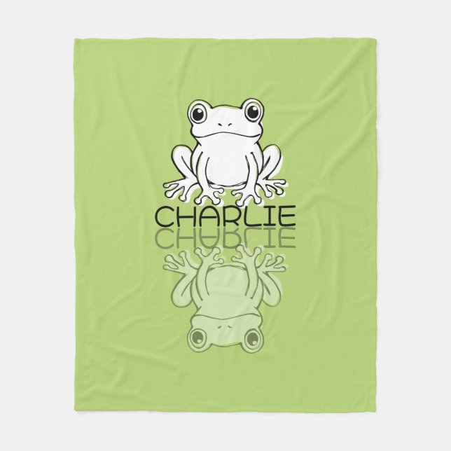 Cute Green Frog Reflection Doodle Custom Name  Fleece Blanket (Front)