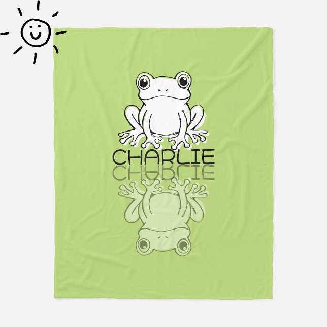 Cute Green Frog Reflection Doodle Custom Name  Fleece Blanket (Creator Uploaded)