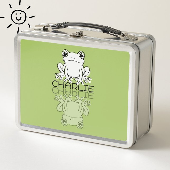 Cute Green Frog Reflection Doodle Custom Name  Metal Lunch Box (Creator Uploaded)