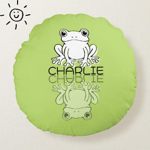 Cute Green Frog Reflection Doodle Custom Name  Round Pillow