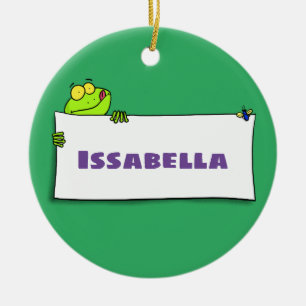 Cute green frog sign cartoon illustration ceramic ornament
