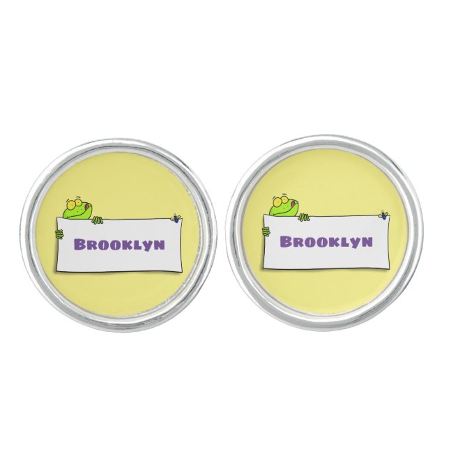 Cute green frog sign cartoon illustration cufflinks (Front)