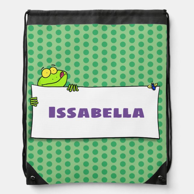 Cute green frog sign cartoon illustration drawstring bag (Front)