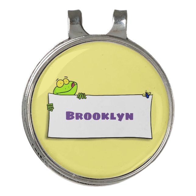 Cute green frog sign cartoon illustration golf hat clip (Front)