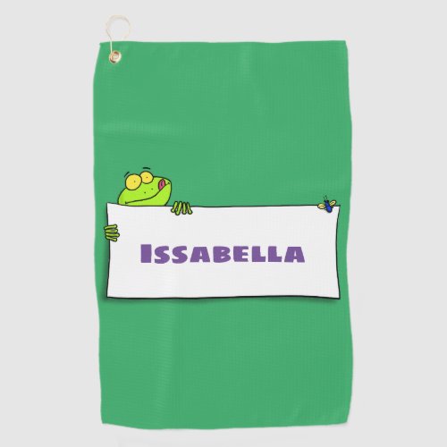 Cute green frog sign cartoon illustration  golf towel