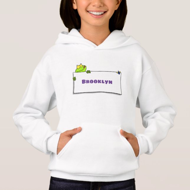 Cute green frog sign cartoon illustration hoodie (Front)