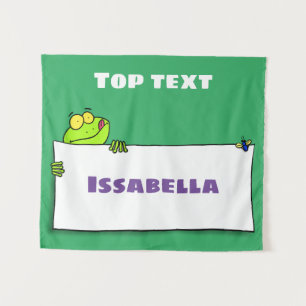 Cute green frog sign cartoon illustration tapestry