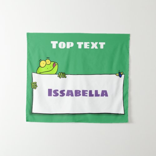 Cute green frog sign cartoon illustration  tapestry