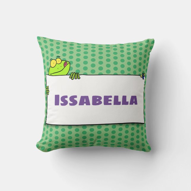 Cute green frog sign cartoon illustration throw pillow (Front)