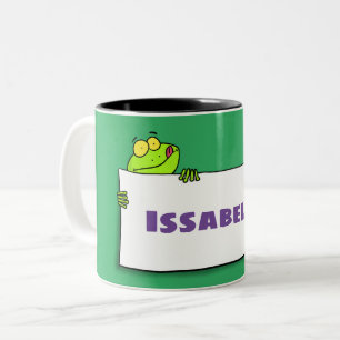 Cute green frog sign cartoon illustration Two-Tone coffee mug