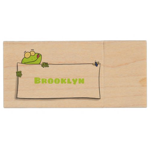 Cute green frog sign cartoon illustration wood flash drive