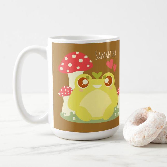 Cute Green Frog Sitting In Nature Coffee Mug (With Donut)