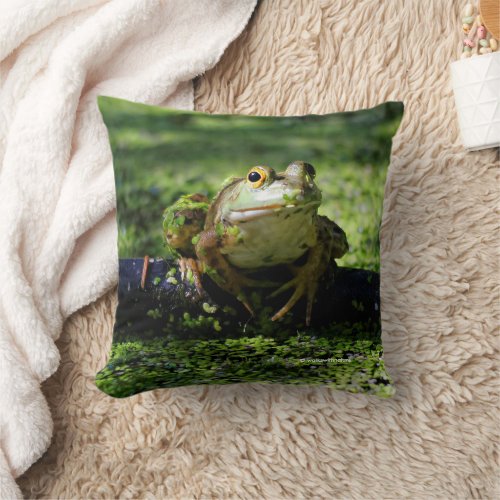 Cute Green Frog Strikes a Pose on the Hose Throw Pillow