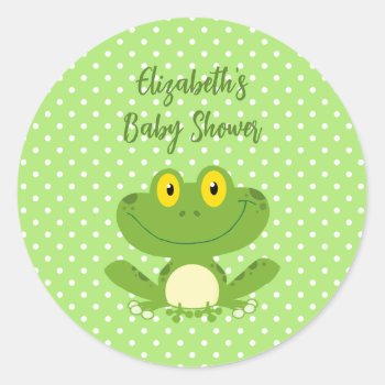 Cute Green Frog White Polka Dot Baby Shower Classic Round Sticker by designs4you at Zazzle