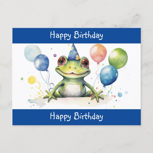 Cute Green frog with balloons Happy Birthday Postcard