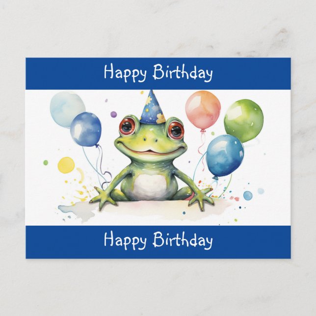 Cute Green frog with balloons Happy Birthday Postcard (Front)