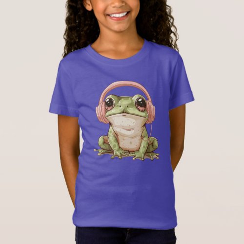 Cute green frog with headphones T_Shirt