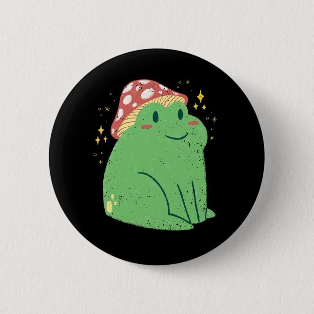 Cute Green Frog with Mushroom Hat Button (Front)