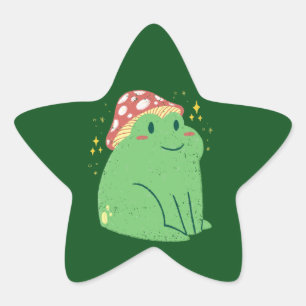 Cute Green Frog with Mushroom Hat Star Sticker