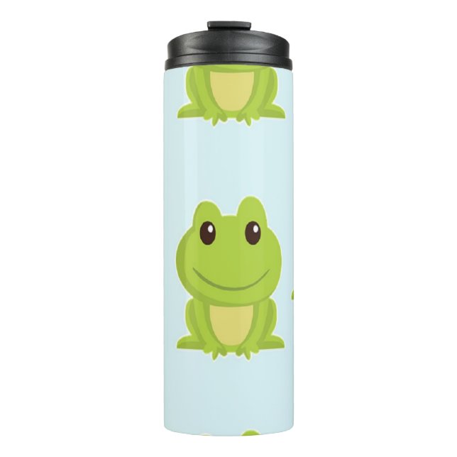 Cute green frogs on blue thermal tumbler (Front)