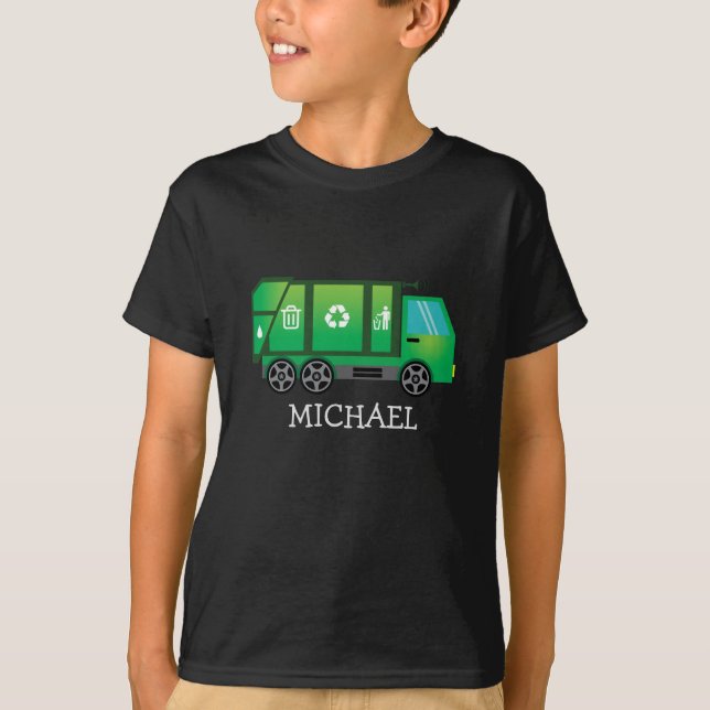 Cute Green Garbage Recycle Truck with Kids Name T-Shirt (Front)