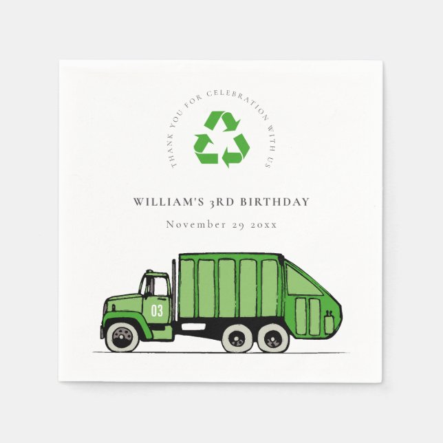 Cute Green Garbage Truck Kids Any Age Birthday Napkins (Front)