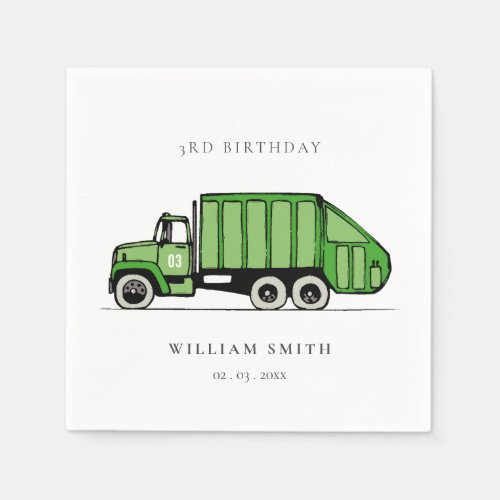 Cute Green Garbage Truck Kids Any Age Birthday Napkins