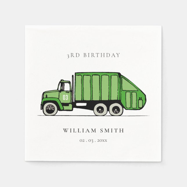 Cute Green Garbage Truck Kids Any Age Birthday Napkins (Front)