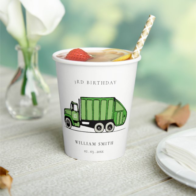 Cute Green Garbage Truck Kids Any Age Birthday Paper Cups (Insitu)