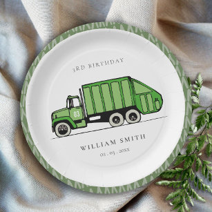 Cute Green Garbage Truck Kids Any Age Birthday Paper Plates