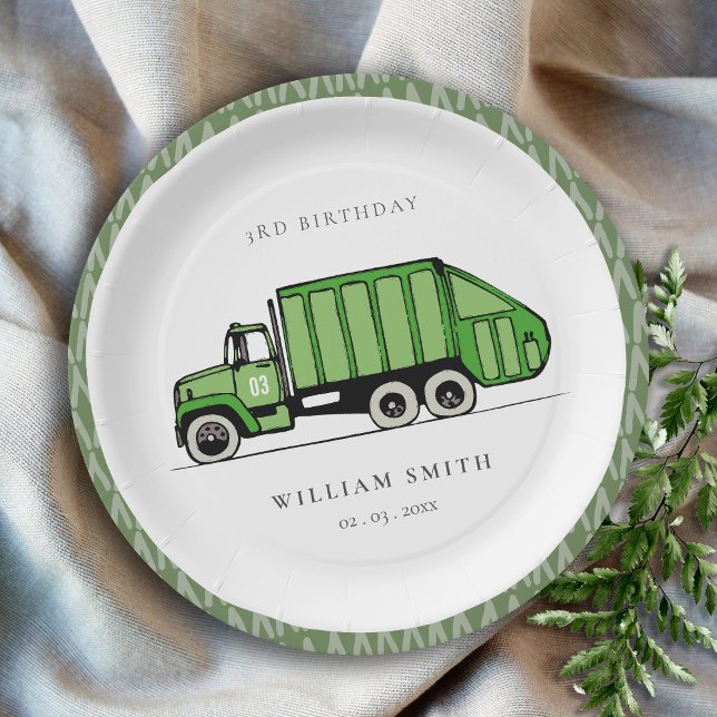Cute Green Garbage Truck Kids Any Age Birthday Paper Plates (Creator Uploaded)