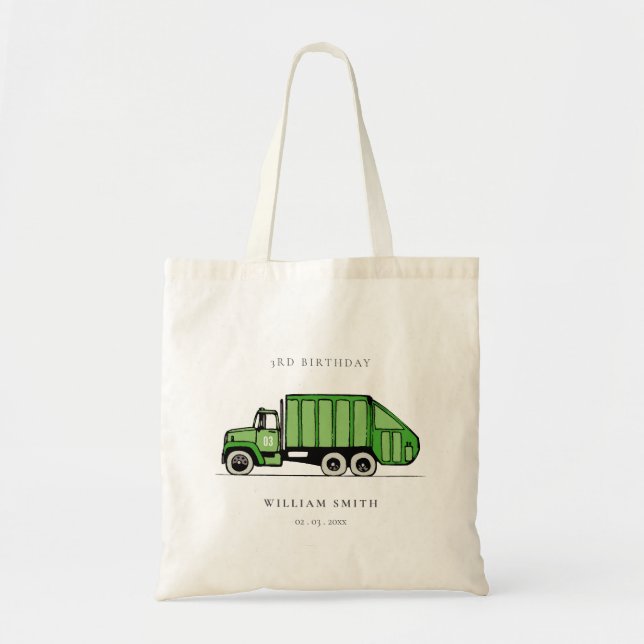 Cute Green Garbage Truck Kids Any Age Birthday Tote Bag (Front)