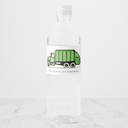 Cute Green Garbage Truck Kids Any Age Birthday Water Bottle Label