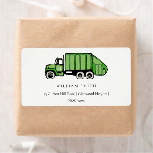 Cute Green Garbage Truck Kids Birthday Address Label