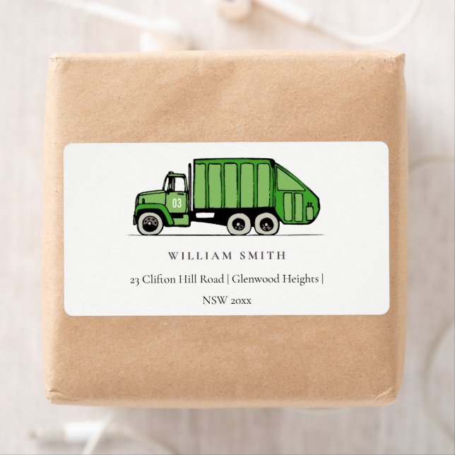 Cute Green Garbage Truck Kids Birthday Address Label (Insitu)