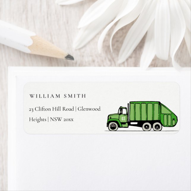 Cute Green Garbage Truck Kids Birthday Address Label (Insitu)