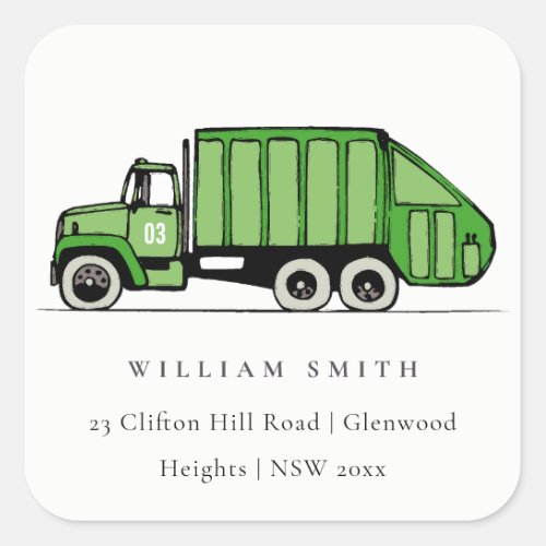 Cute Green Garbage Truck Kids Birthday Address Square Sticker