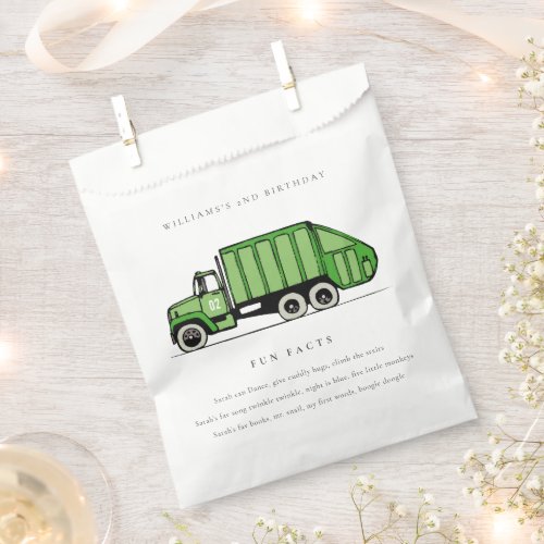 Cute Green Garbage Truck Kids Fun Facts Birthday Favor Bag