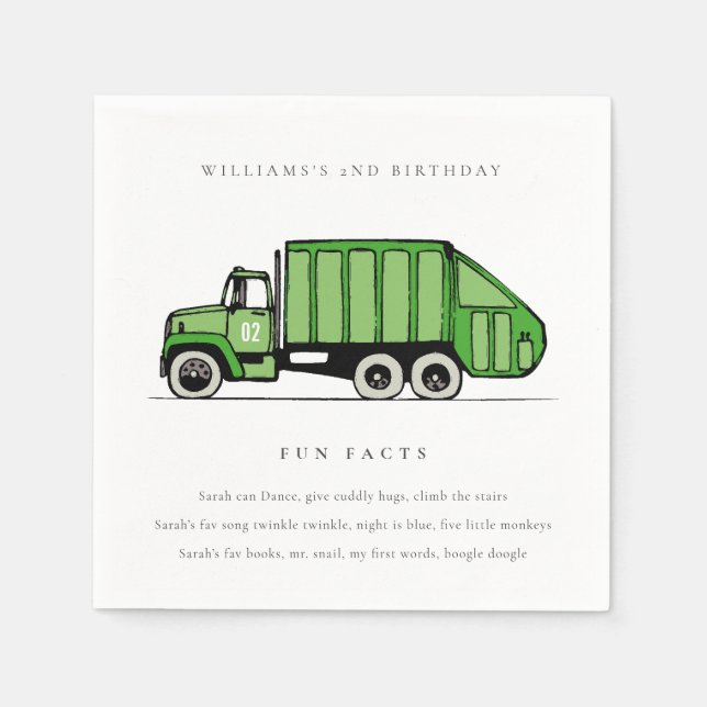 Cute Green Garbage Truck Kids Fun Facts Birthday Napkins (Front)