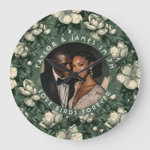 Cute Green Gardenias Themed Minimalist Wedding Large Clock
