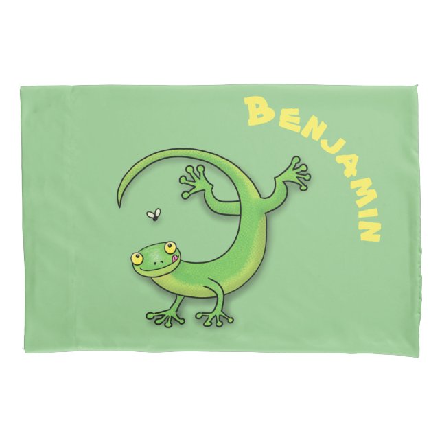 Cute green gecko lizard cartoon illustration pillow case (Front)