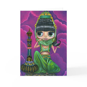 Cute Green Genie Girl Big Eyes Doll Magic Bottle Card