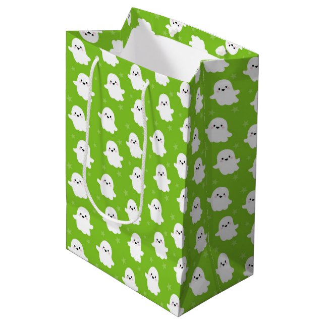 Cute Green Ghost Pattern – Halloween Design Medium Gift Bag (Front Angled)