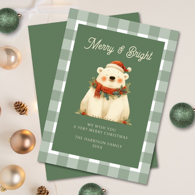Cute Green Gingham Check Merry & Bright Holiday Card (Creator Uploaded)