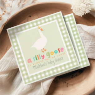 Cute Green Gingham Neutral Silly Goose Baby Shower Napkins