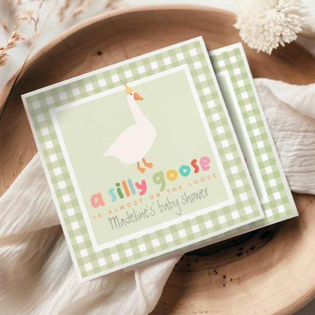 Cute Green Gingham Neutral Silly Goose Baby Shower Napkins (Creator Uploaded)