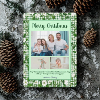 Cute Green Gingham Plaid 3 Photo Christmas Holiday Card