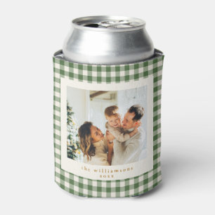 Cute Green Gingham Plaid Custom Photo Christmas Can Cooler